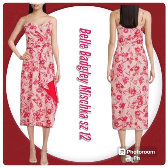 Badgley Mischka Floral Print Sweetheart Neck Sleeveless Lined Satin Midi Dress - Picture 2 of 16